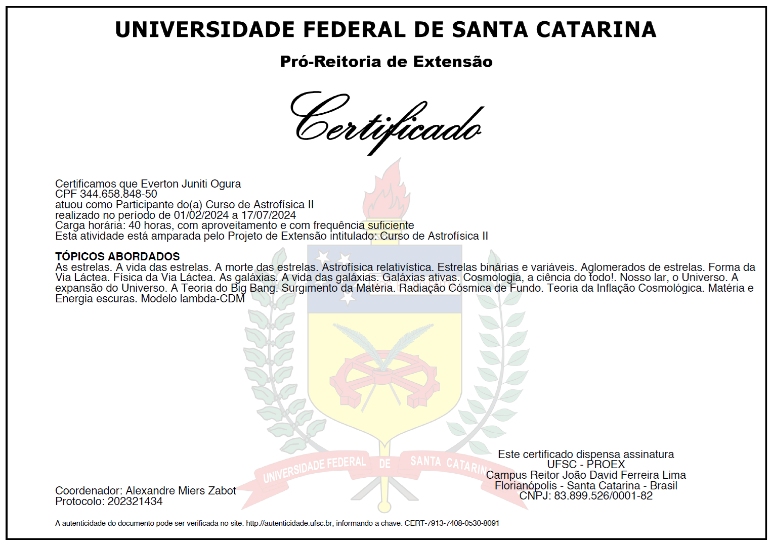 Imagem do certificado de conclusão do curso de Astrofísica I (2ª edição)