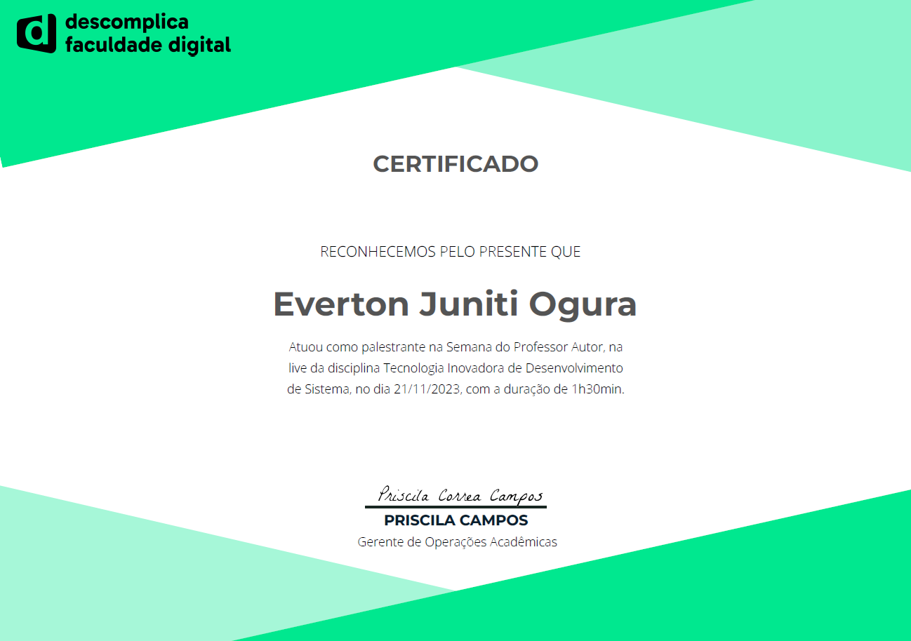 Foto do certificado da participação da semana do professor autor em 2023