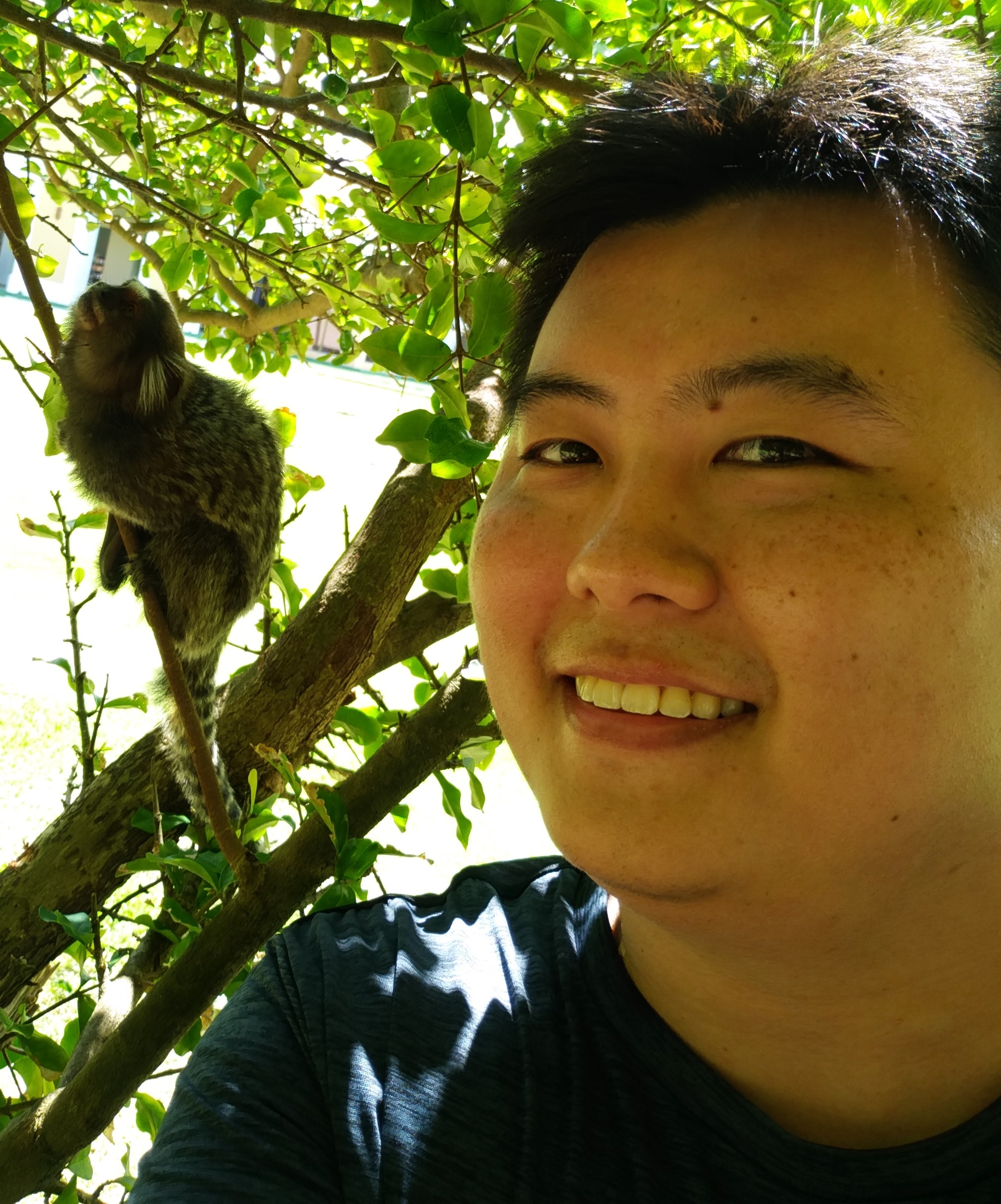 Picture of Everton Juniti Ogura with a tree in the background. In the tree the presence of a small monkey.